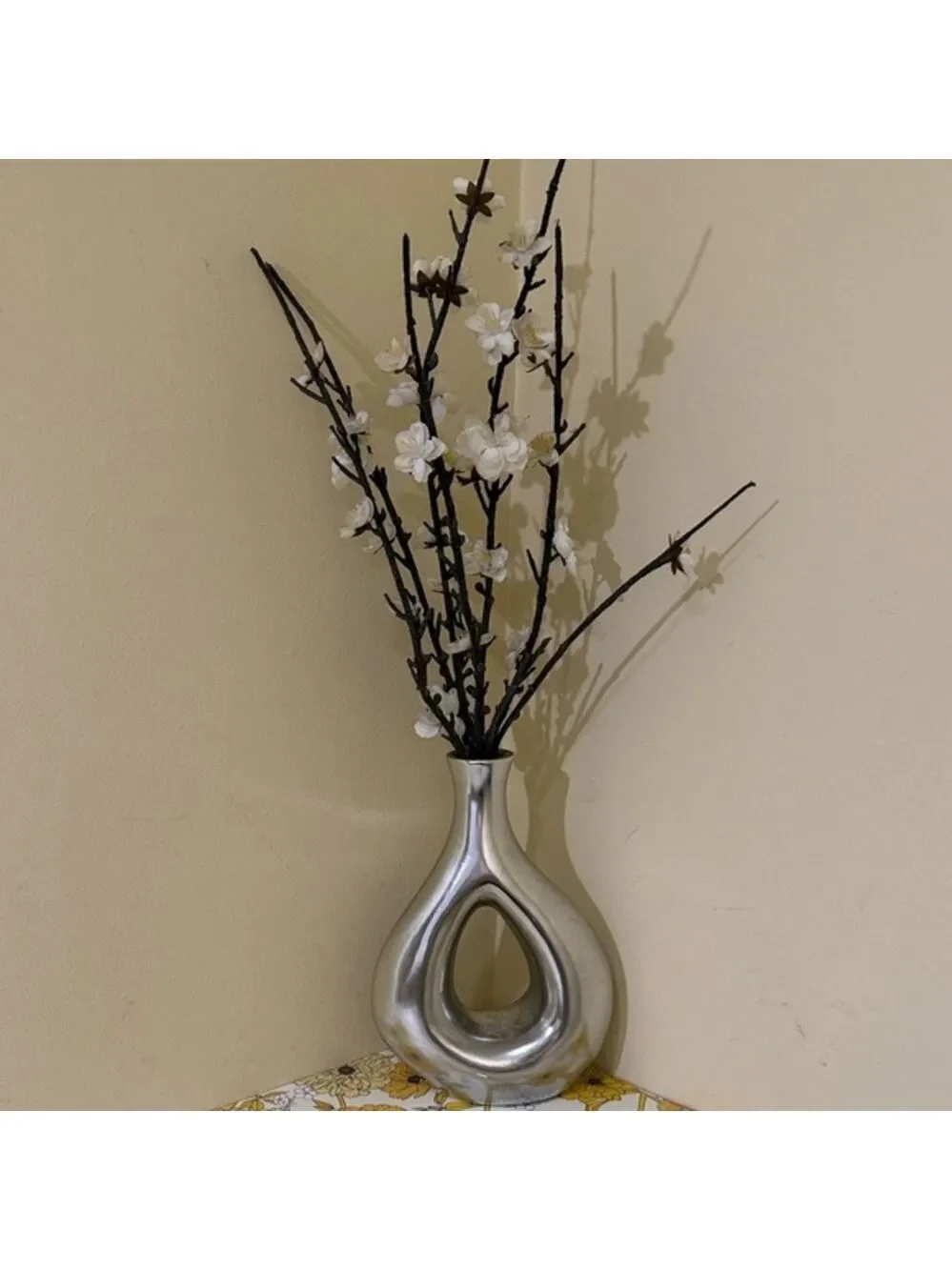 Modern Silver Vase White Floral Design | Cherry Blossoms in Silver Vase